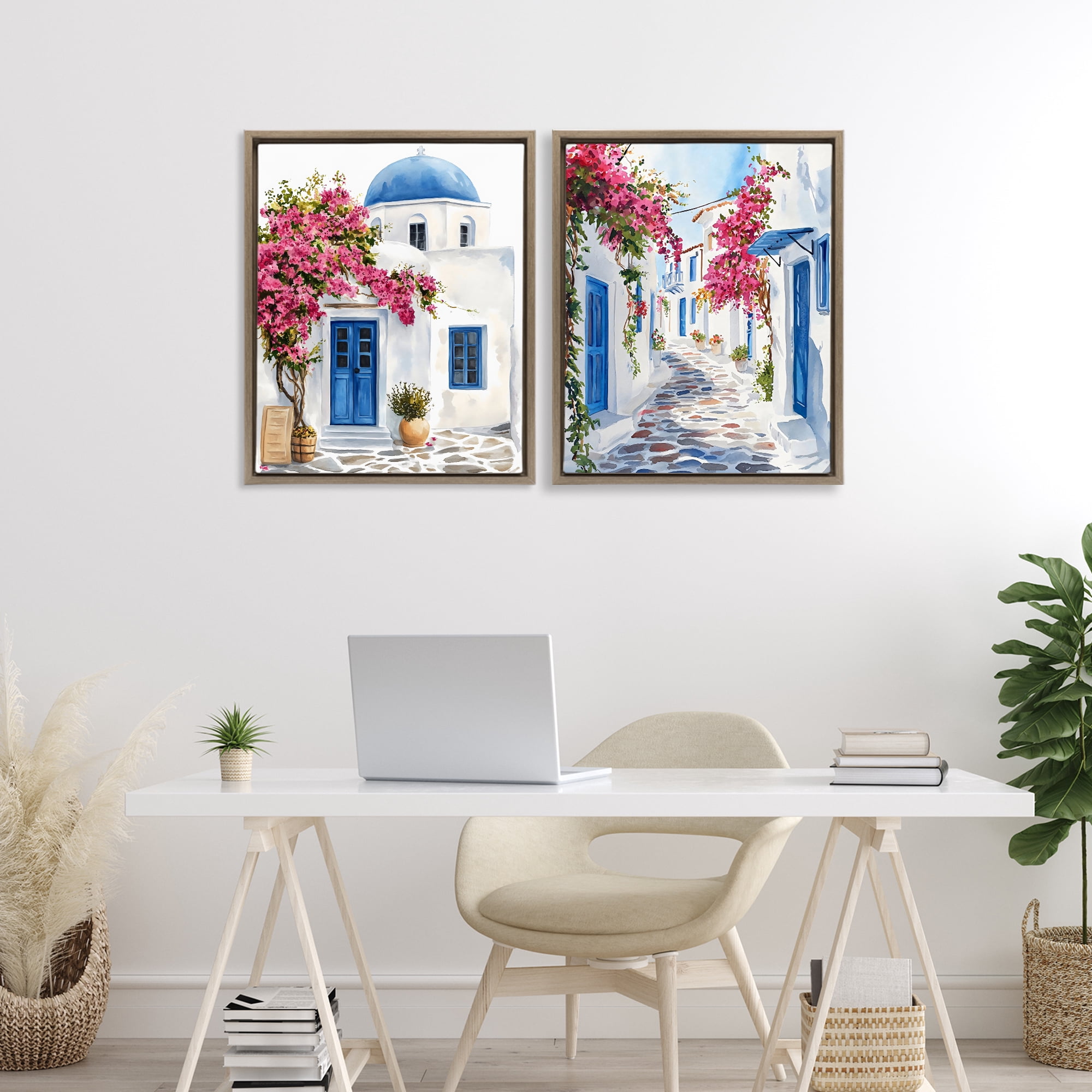 Stupell Industries Santorini House with Pink Tree 2 Piece Brown Framed Floater Canvas Set, design by LSR Design Studio