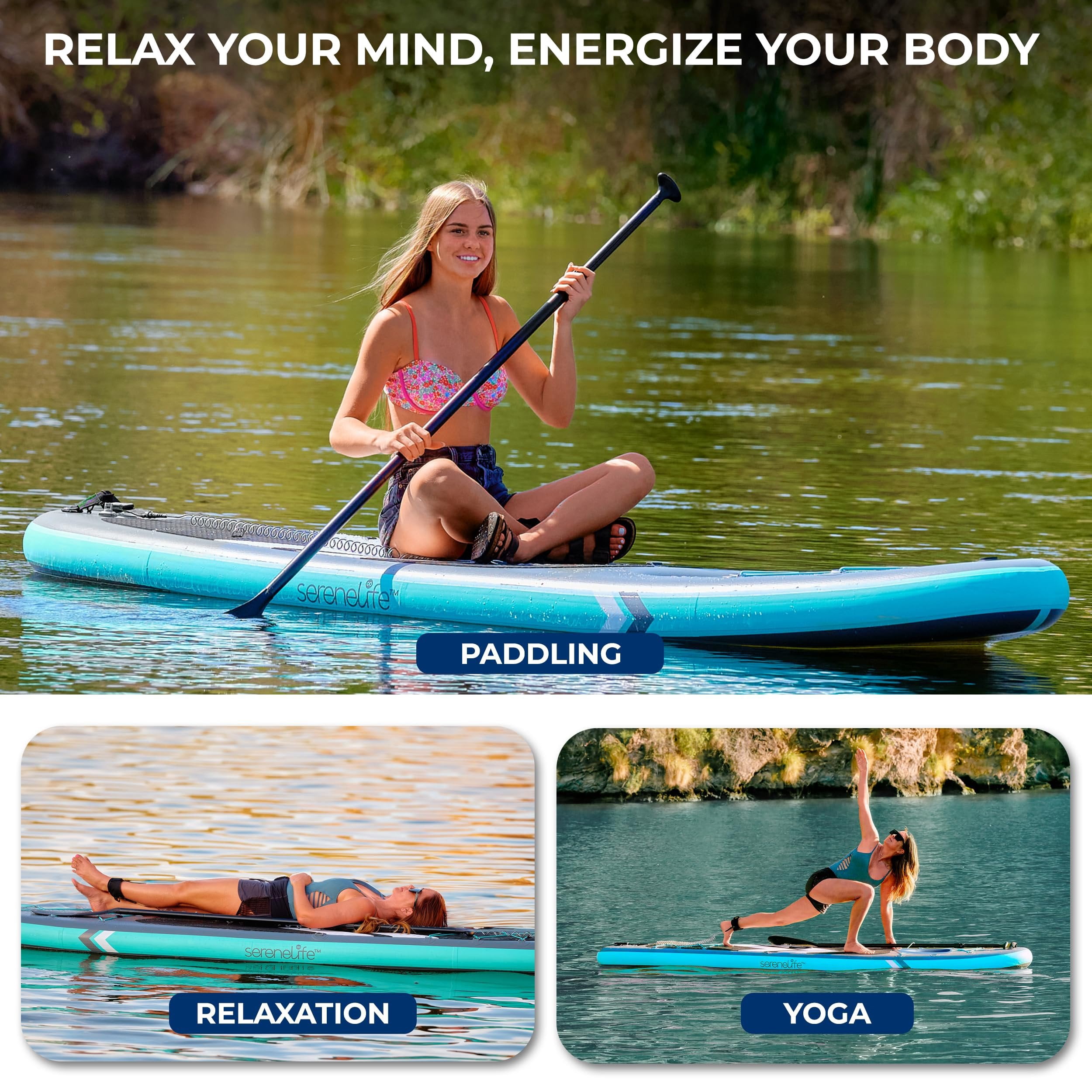 SereneLife 106 Inflatable Stand-Up Paddle Board with Window - 32 Wide Stable Design with Non-Slip EVA Deck Pad, Premium SUP Accessories and GoPro Mount, for Youth and Adults, 350 lbs. Capacity