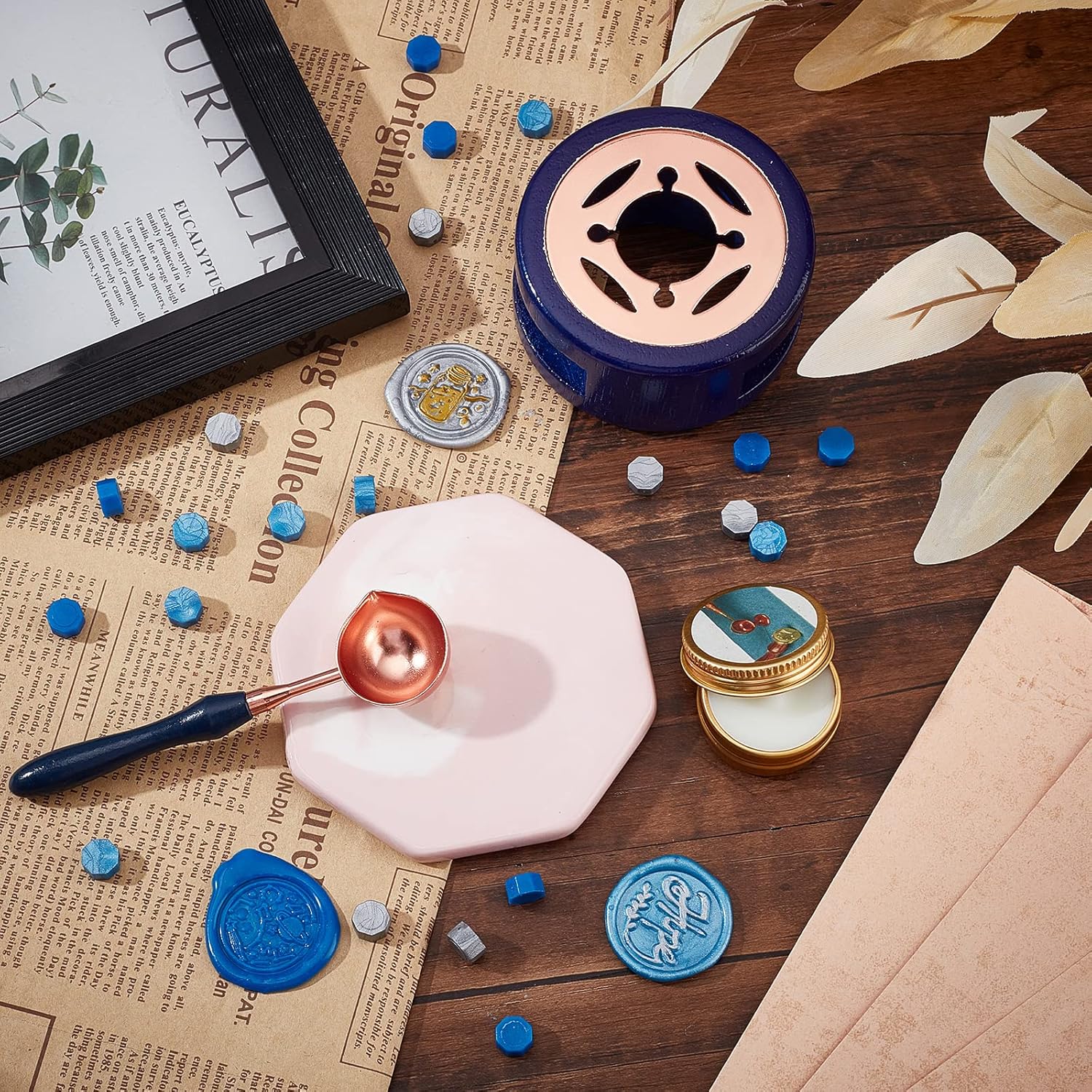 DIY Scrapbook Making Kits Including Wood Wax Smelter Brass Handle Wax Sealing Stamp Melting Spoon Sealing Wax Particles Paraffin Candles and Paper Letter Stationery Mixed color 309pcs