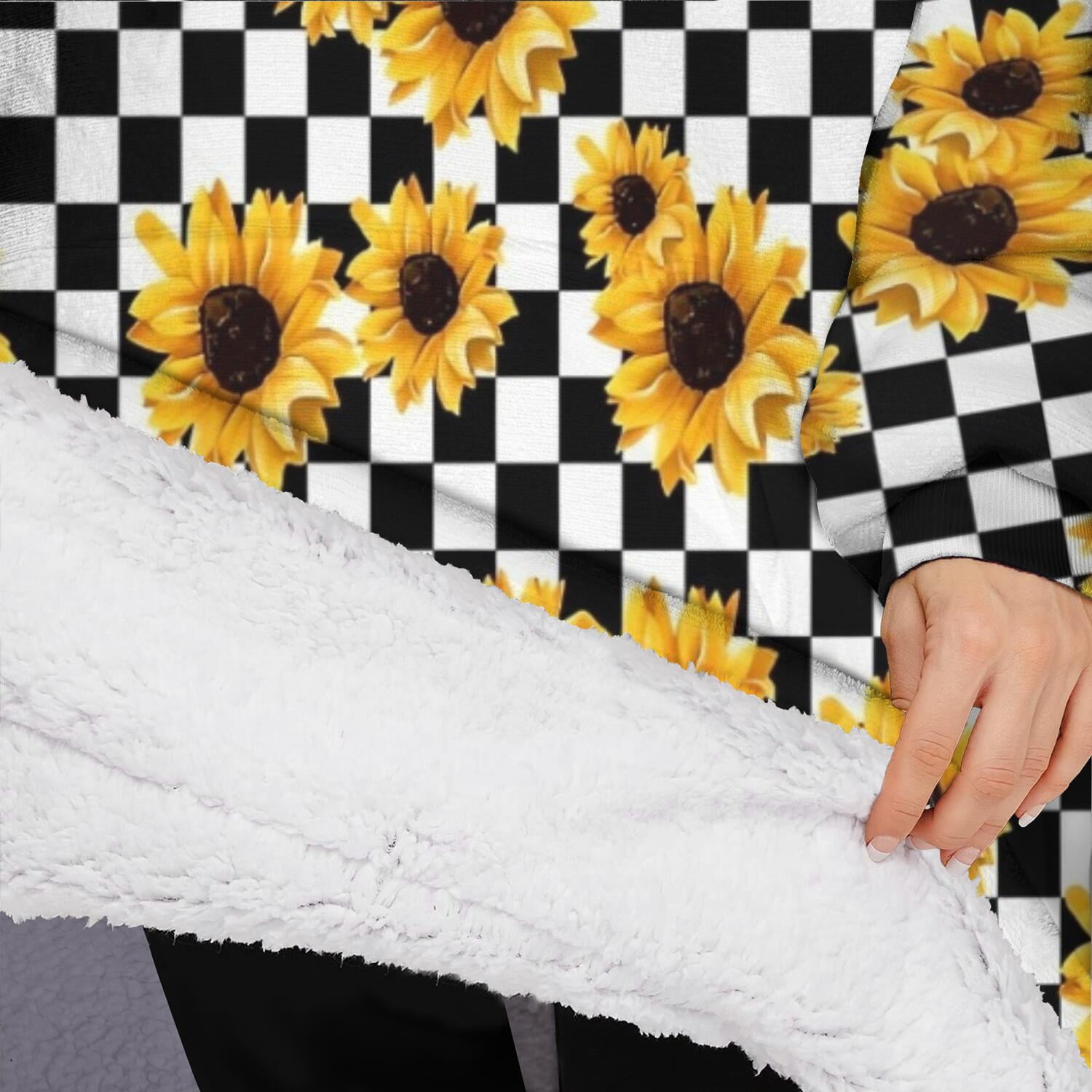 Oversized Wearable Blanket Hoodie,Black White Checker Sunflower Pattern Sherpa Blanket Hoodie with Super Pockets,Super Warm Fuzzy Pullover for Women & Men