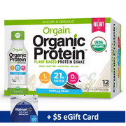 Orgain Organic Plant Based Protein Shake, Vanilla, 21g Protein, 14.0 Fl Oz, 12 Ct, with FREE $5 eGift Card Promo