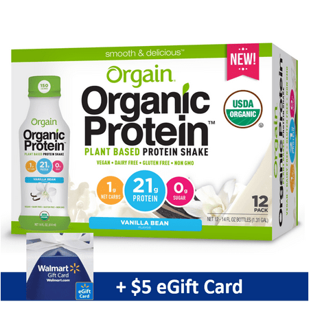 Orgain Organic Plant Based Protein Shake, Vanilla, 21g Protein, 14.0 Fl Oz, 12 Ct, with FREE $5 eGift Card Promo