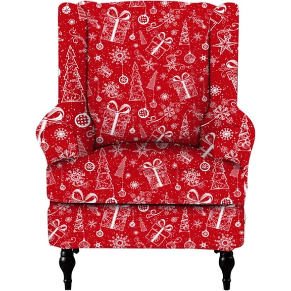Christmas Wingback Chair Covers Slipcovers 2 Piece Xmas Stretch Wing Chair Slipcover Polyester Fabric Wingback Armchair Slipcovers Chair Slipcovers for Living Room Wingback Chair,03