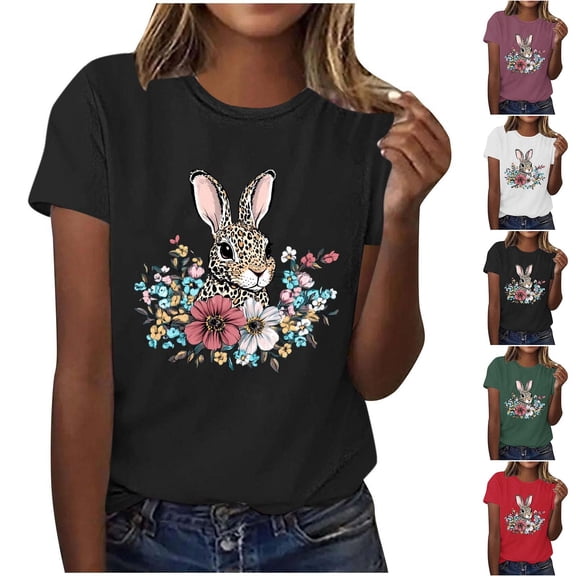Mifsaly Short Sleeve T-Shirts Women Leopard Print Easter Bunny Floral Graphic Cotton tops Soft Breathable Relaxed Fit Casual Summer Tees S