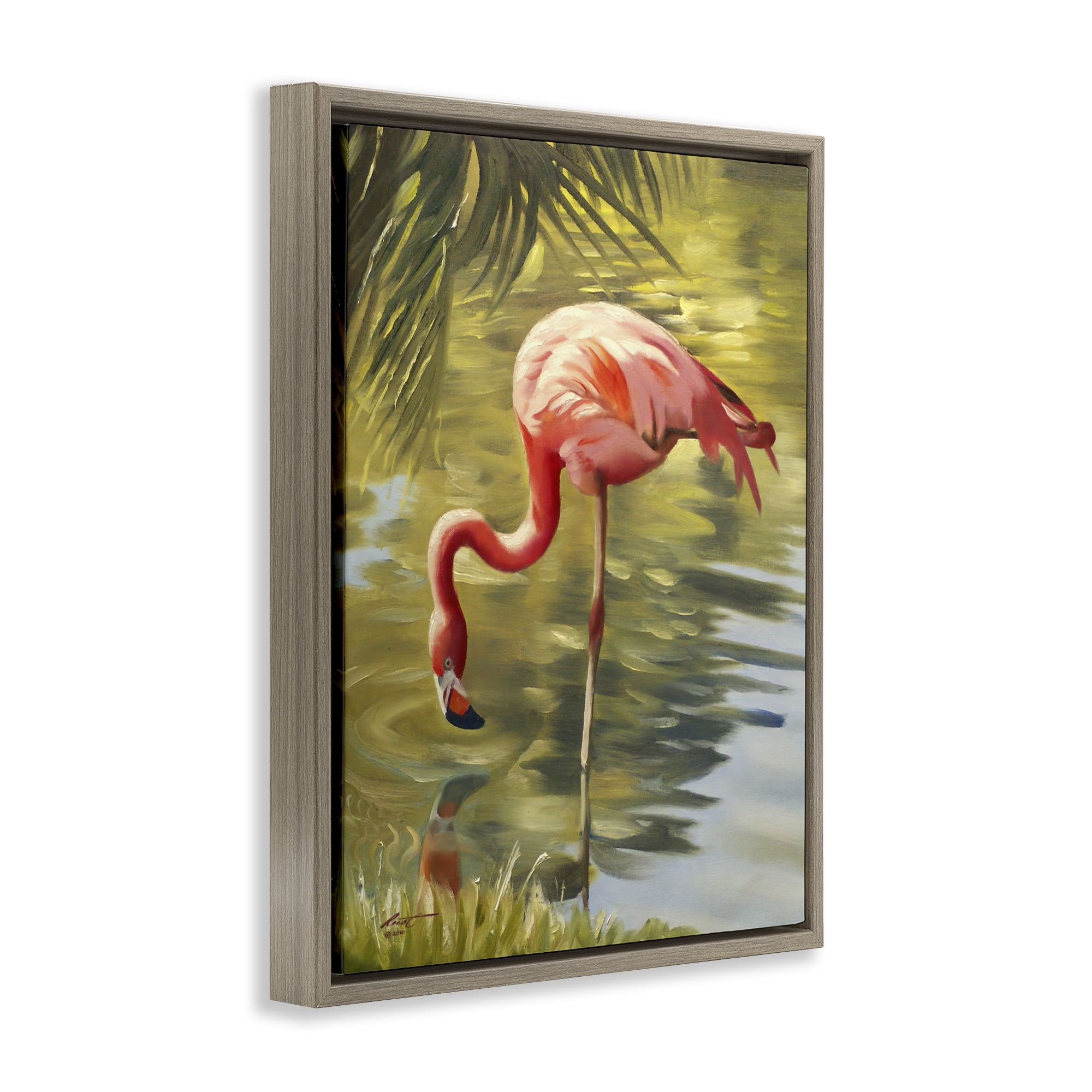 Stupell Industries Flamingo Shallow Pond Animals & Insects Painting Brown Floater Framed Canvas Art Print Wall Art, 25 x 31
