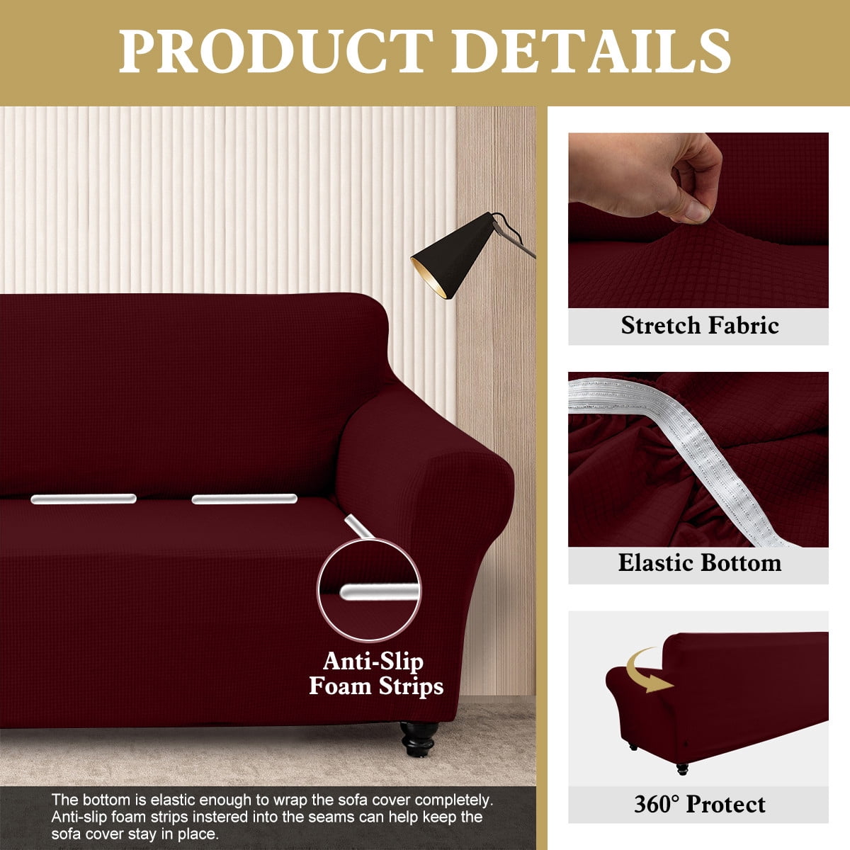 Sanmadrola Couch Cover Water Resistant Stretch Sofa Slipcover Jacquard Furniture Protector for Kids Pets Dog Cat, Wine Red, Oversized Sofa