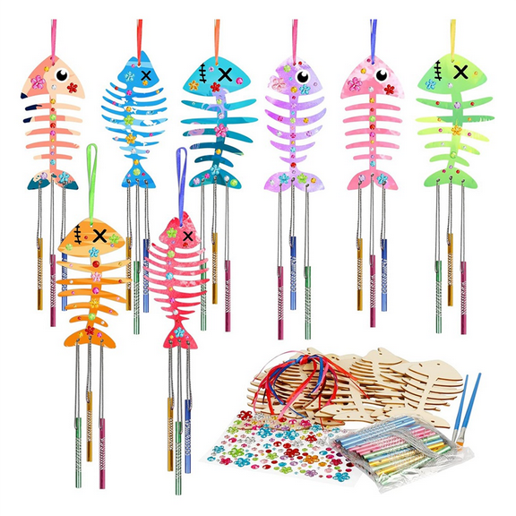 12 Pack Wind Chime Kit Spring Craft for Kids Wooden Arts and Crafts Girls Make Your Own Fish