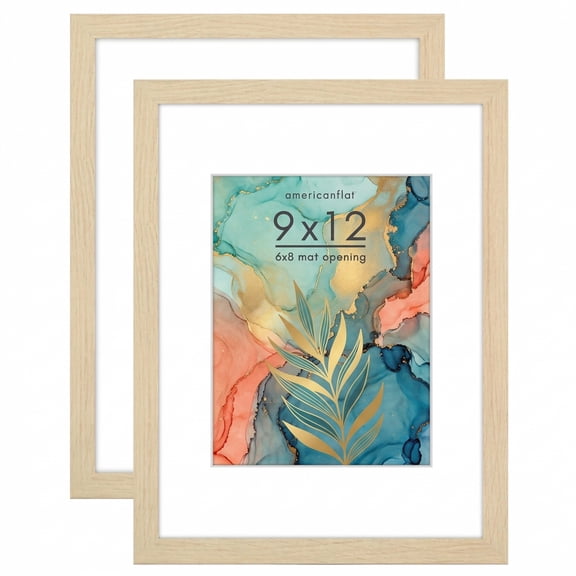 Americanflat 9x12 Picture Frame with Polished Plexiglass with 6x8 Mat 2 Pack Display Photo Wall - Natural Oak