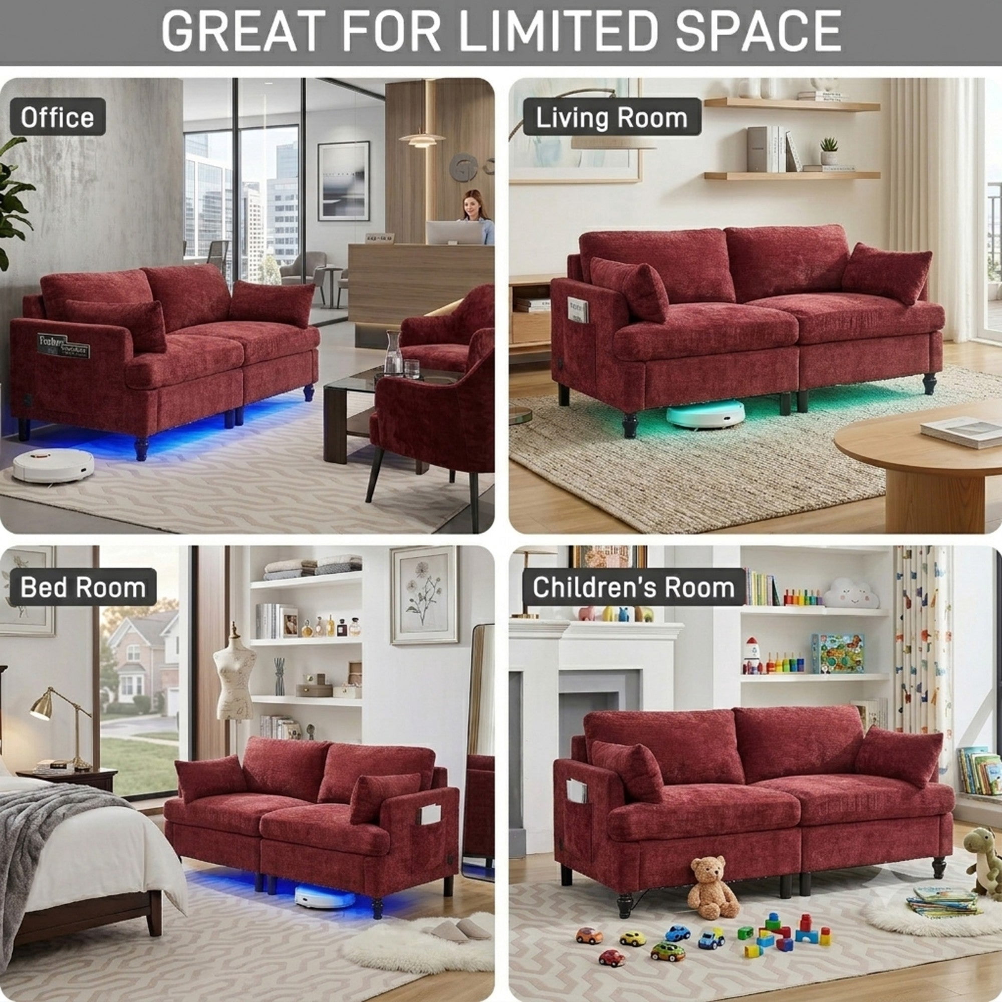 Sailvan 68.9" Modern Loveseat Sofa,Comfy Chenille 2-Seat Couch with LED Lights & USB Ports,Small Cloud Couch for Living Room,Apartment,Red
