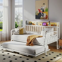 Vipuse Daybed LED Light, Heavy Duty Metal Twin Bed Frame with Upholstered Storage Headboard & Charging Station, Day Bed Pop Up Trundle Bed Twin for Living Room,Bedroom and Guest Room, White