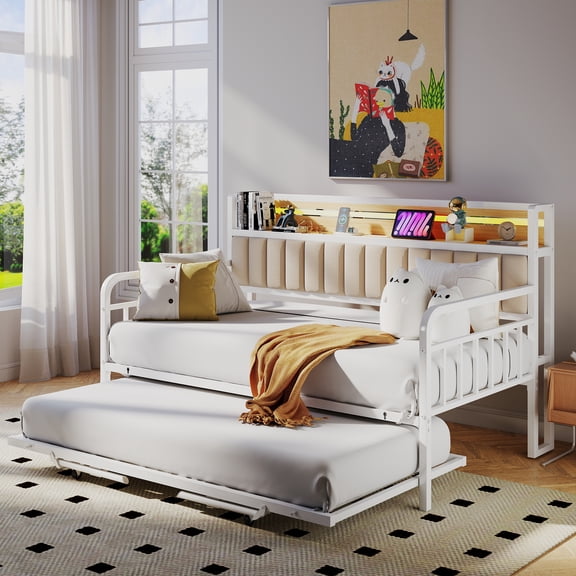 Vipuse Daybed LED Light, Heavy Duty Metal Twin Bed Frame with Upholstered Storage Headboard & Charging Station, Day Bed Pop Up Trundle Bed Twin for Living Room,Bedroom and Guest Room, White