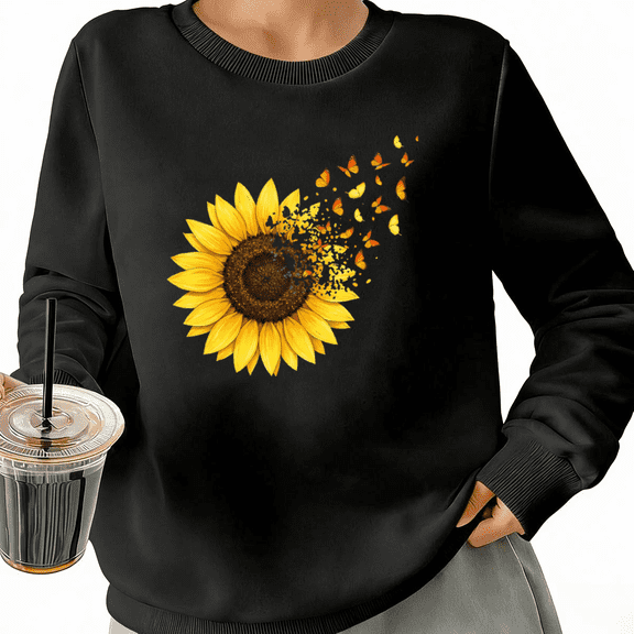 Sunflower Butterfly Womans Print Sweatshirt Graphic Sweatshirt Black White S-3XL Floral Cozy Pullover Tops