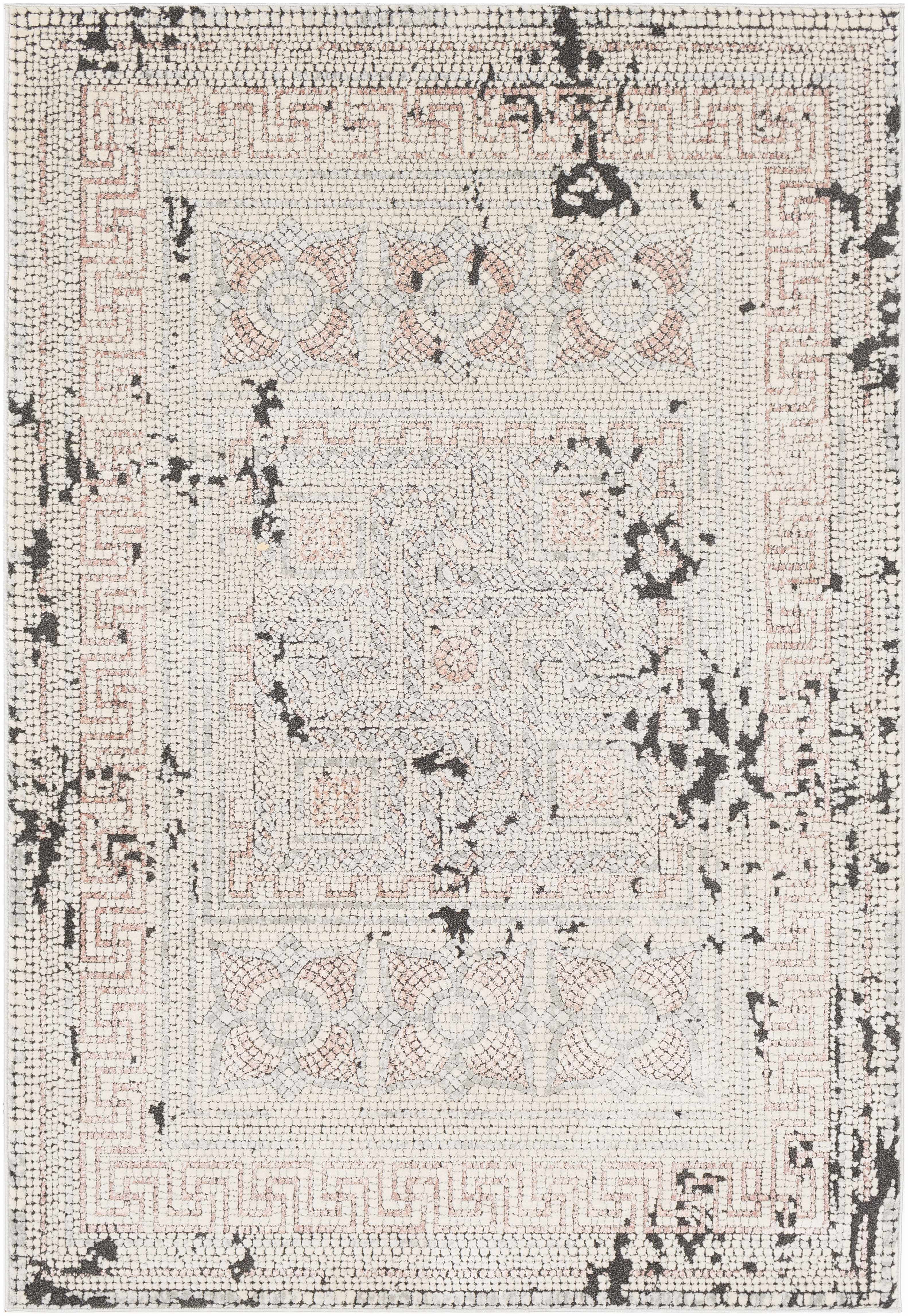 Hauteloom Whitestown Bohemian Mosaic Tile Living Room, Bedroom Area Rug - Vintage Distressed - Oriental Boho Faded Look - Pale Pink, Cream, Beige - 5'1" x 7'3"