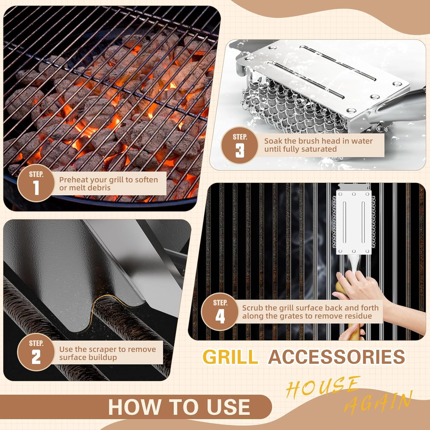 Grill Brush and Scraper Bristle Free with Dual Grip, 304 Stainless Steel Food-Grade Brush Head, Outdoor Grill Cleaning Brush Safe BBQ Grill Accessories Cleaner for Porcelain