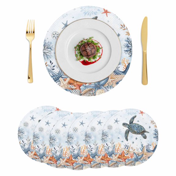 Sea Turtle Coastal Round 15 Inch Placemats Set of 6, Summer Coral Starfish Nautical Blue Ombre HeatResistant Non Slip Place Mats for Dining Table, Wipeable Braided Kitchen Table Mats for Housewarming