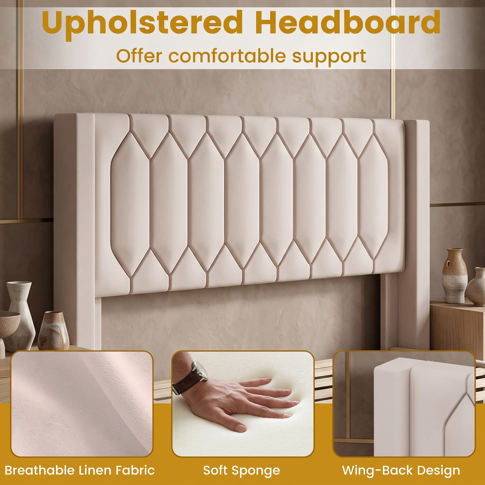 Furnibear Queen Bed Frame Velvet Upholstered Platform Bed with Wingback Headboard and Wood Slat Support, No Box Spring Needed, BeigeBeige