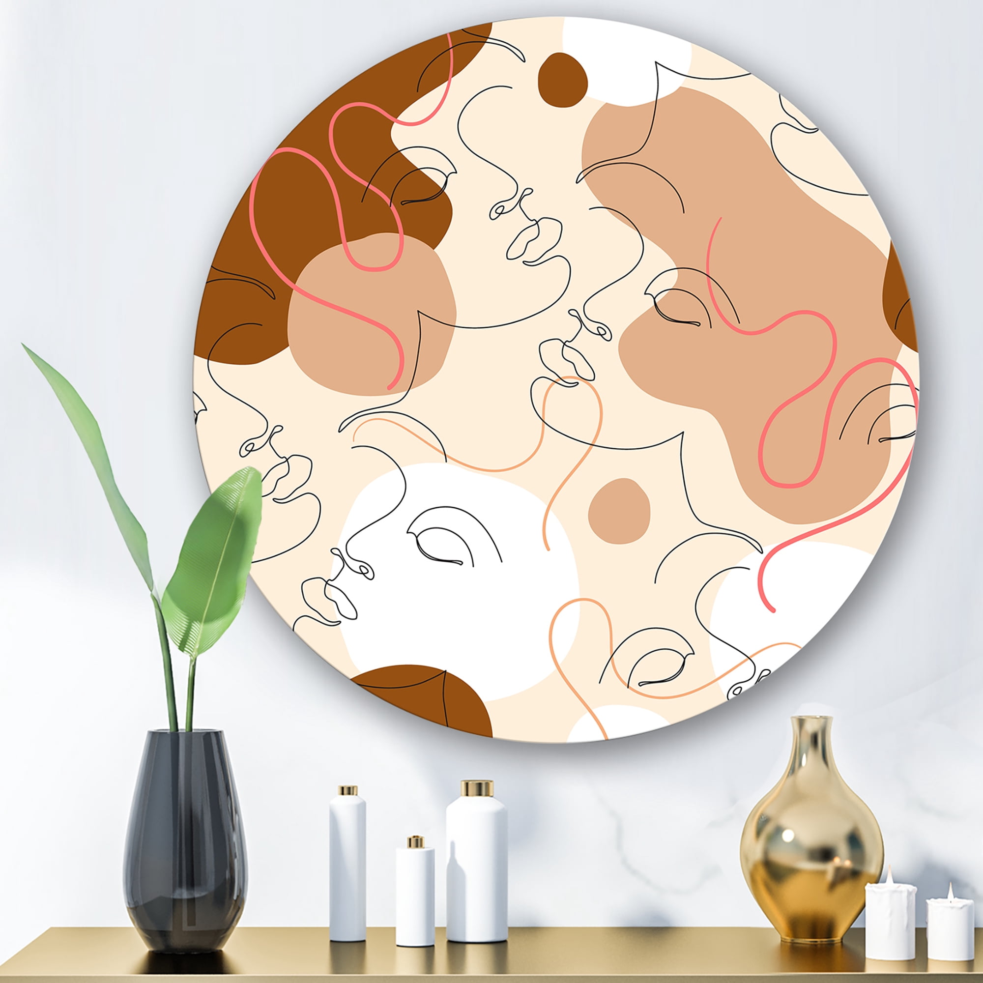 Designart 'One Line Drawing Of Beautiful Girl' Modern Circle Metal Wall Art 23x23 - Disc of 23