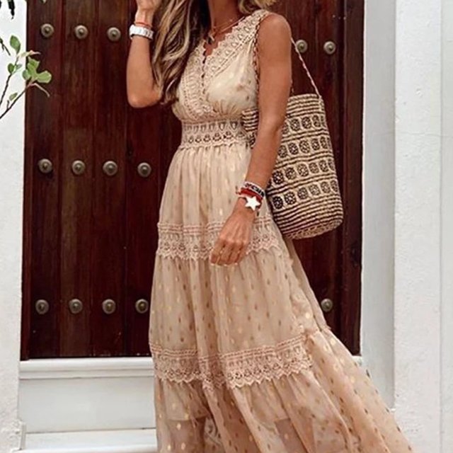 Vestido De Gasa Sin Mangas Vestido de lunares Vestido maxi de encaje estilo bohemio para fiesta de vacaciones (Color arena XL Ygjytge para Mujer Color arena T L