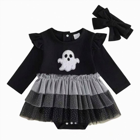 3-6 Months Newborn Boys Girls Underwear Pajamas Rompers Little Girl Halloween Pumpkin Ghostly Sequined Long Sleeved Dress With Skirt And Triangular Top Black Bodysuit Baby Fall Winter Gift