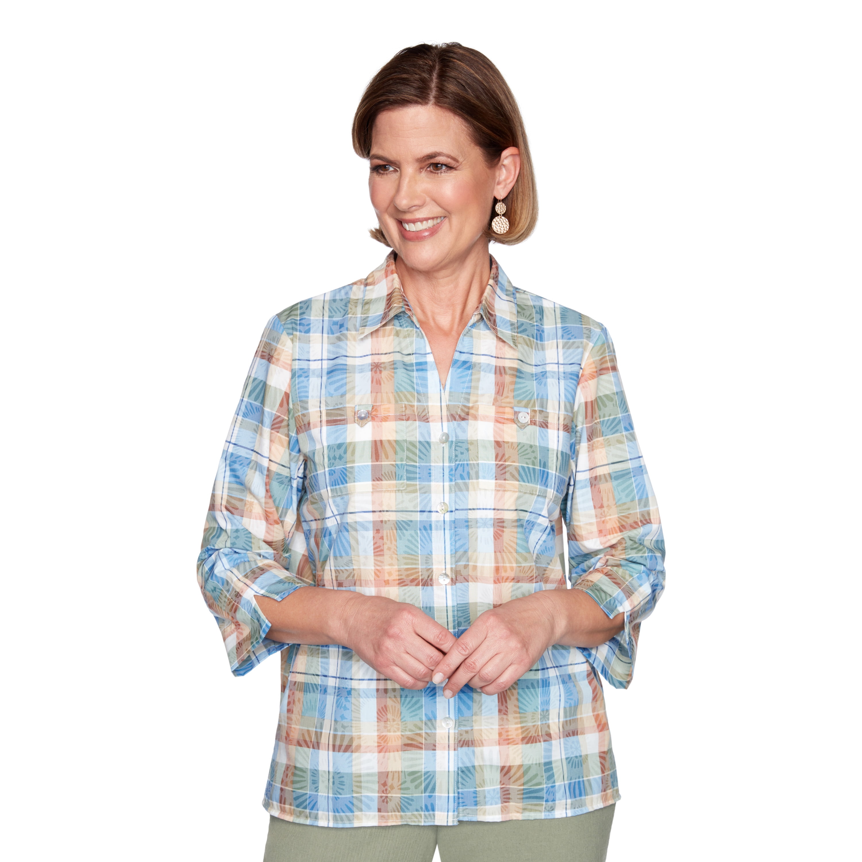 Alfred Dunner Womens Plus Plaid Burnout Button-Down Top 