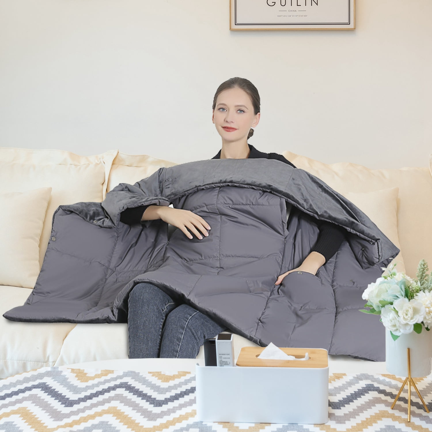 Portable USB Heated Blanket, 53"x 43" Dual Switch Cordless Heated Poncho Shawl Throw Blanket with 6 Zones 3 Heating Levels for Indoor Outdoor (M, Grey)