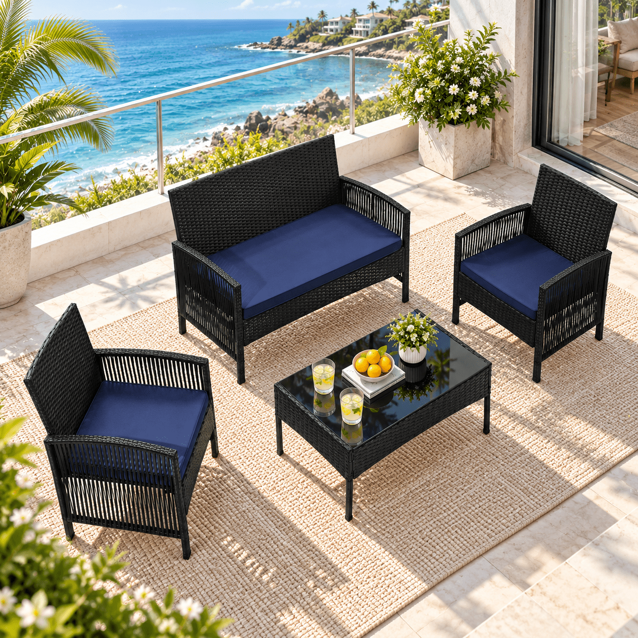 Patio Furniture Set on Sale, 4 Pieces Outdoor Rattan Conversation Sofa Set, All-Weather Wicker Patio Sets, Cushioned Sofa and Coffee Table for Garden Deck Courtyard, Nevy