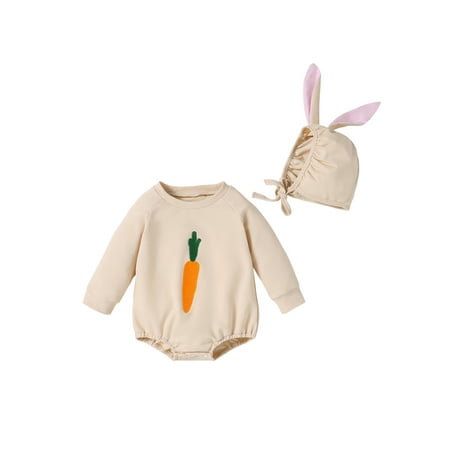 

Co.MMehjri Infant Baby Girl Easter Outfit Round Neck Long Sleeve Carrot Print Romper + 3D Bunny Ear Hat Toddler 2 Piece Set