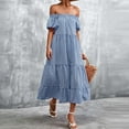 thumbnail image 4 of Sun Dresses Women Summer Casual Plaid Print Off Shoulder Ruffle Flowy Swing Beach Maxi Dress Short Sleeve Vacation Dress, 4 of 6