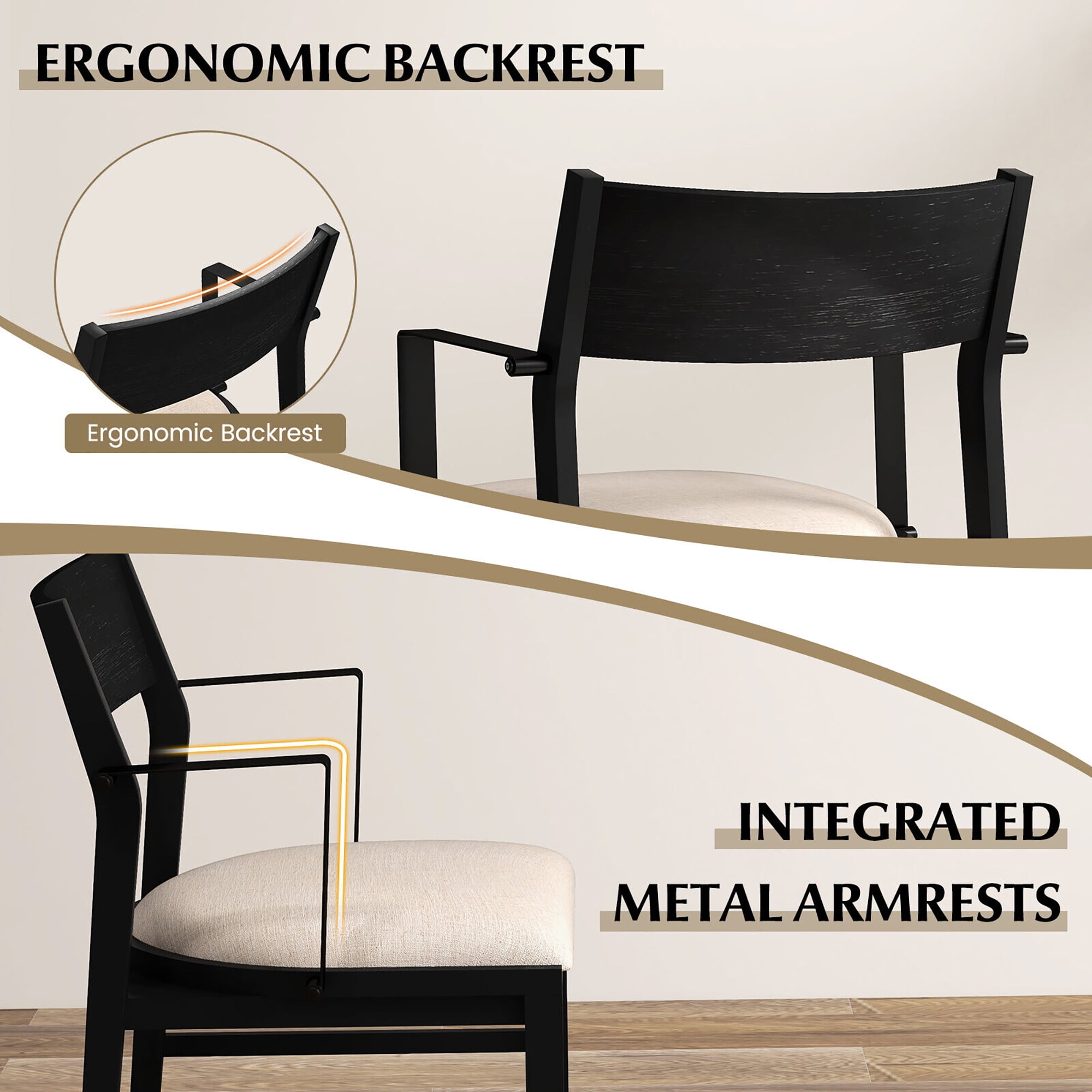 Gymax Dining Chair w/ Arms Set of 2 Modern Kitchen Chairs & Contoured Backrest Black & Beige