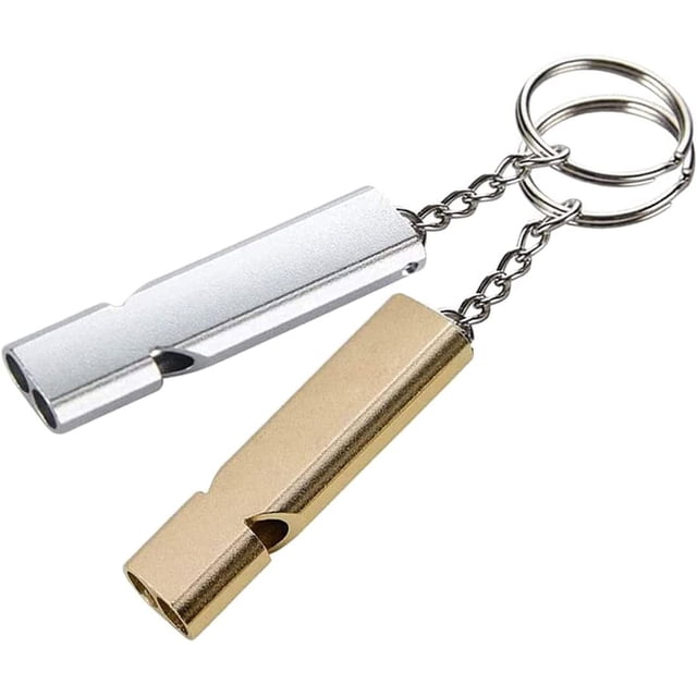 Silbato de emergencia de 2 piezas (oro y plata), silbato de supervivencia al aire libre de doble tubo dorado y plateado, silbato para acampar, llavero con silbato para senderismo al aire libre para todo tipo de clima, silbato con llavero para caza y montaña oso de fresa Electrónica