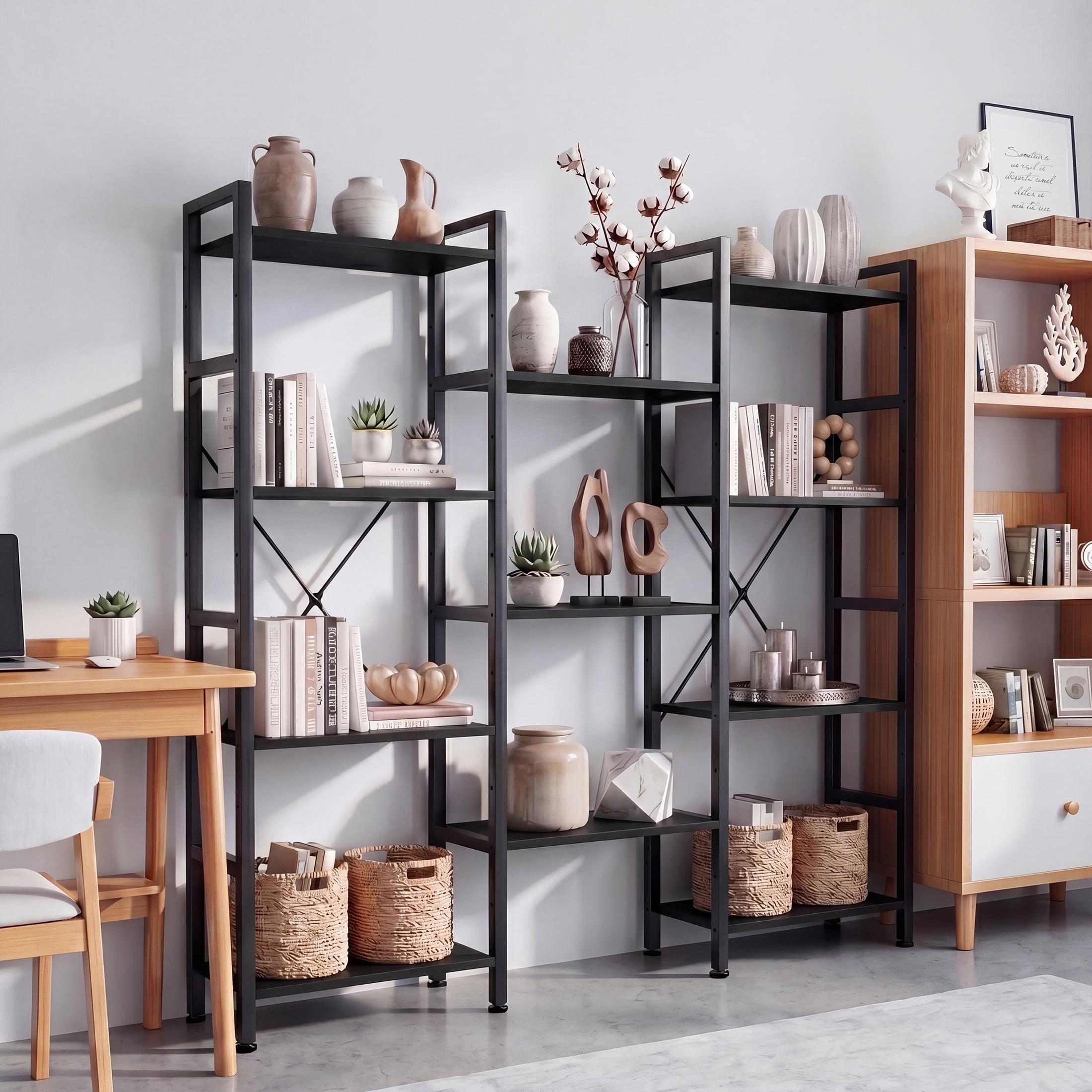 CONCETTA Triple 4-Tier Bookshelf with 11 Open Display Shelves, Adjustable Storage Bookcase for Home & Office, Sturdy Steel Frame and Wood Construction, Anti-Tip and Adjustable Feet, Black