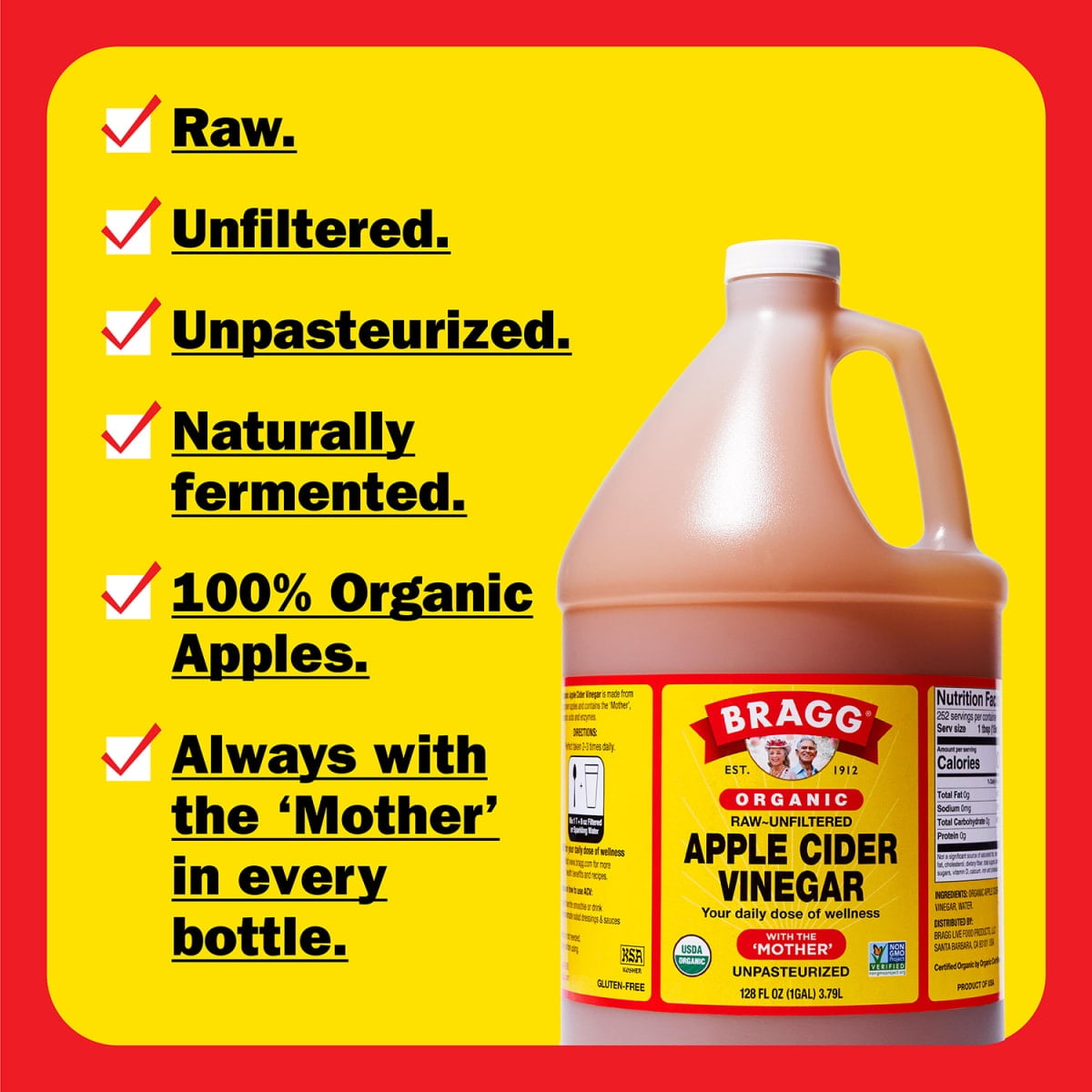 Bragg Organic Apple Cider Vinegar with The Mother, Raw and Unfiltered, 128 fl oz