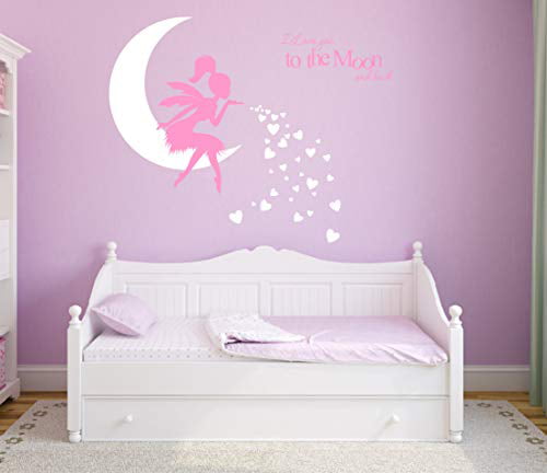 Nursery Decor JWH165 Kids Bedroom Wall Decals purple fairy+white moon ANFRJJI Fairy Wall Decal I Love You to The Moon and Back Fairy Wall Sticker White moon and stars and purple elf fairy text and stars for Girl 
