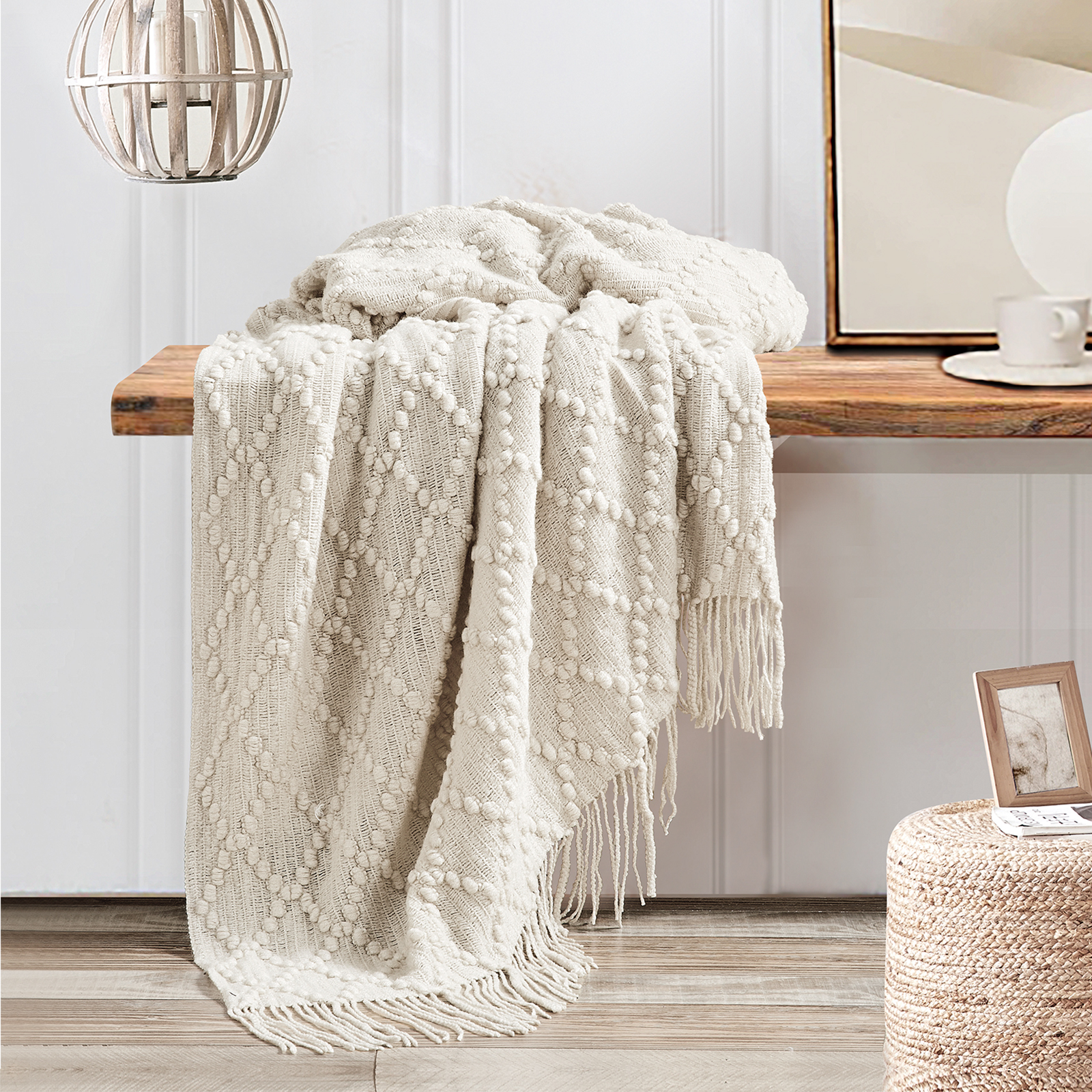 Bourina Texture Pure Color Soft Throw Blanket and Sofa Or Bed Knitted Decorative Blanket 50 x70 inches Jacquard Diamond Beige, for Adults.
