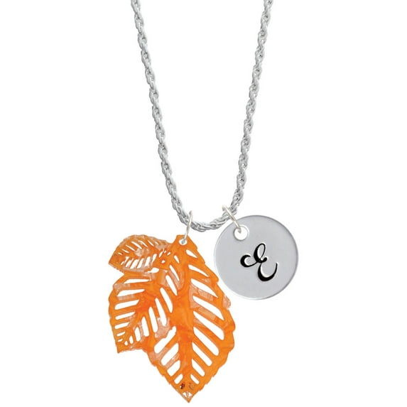 Delight Jewelry Acrylic Medium Triple Leaf Pearly Orange Silvertone Script Initial Disc - E - Charm Necklace, 20"+3"