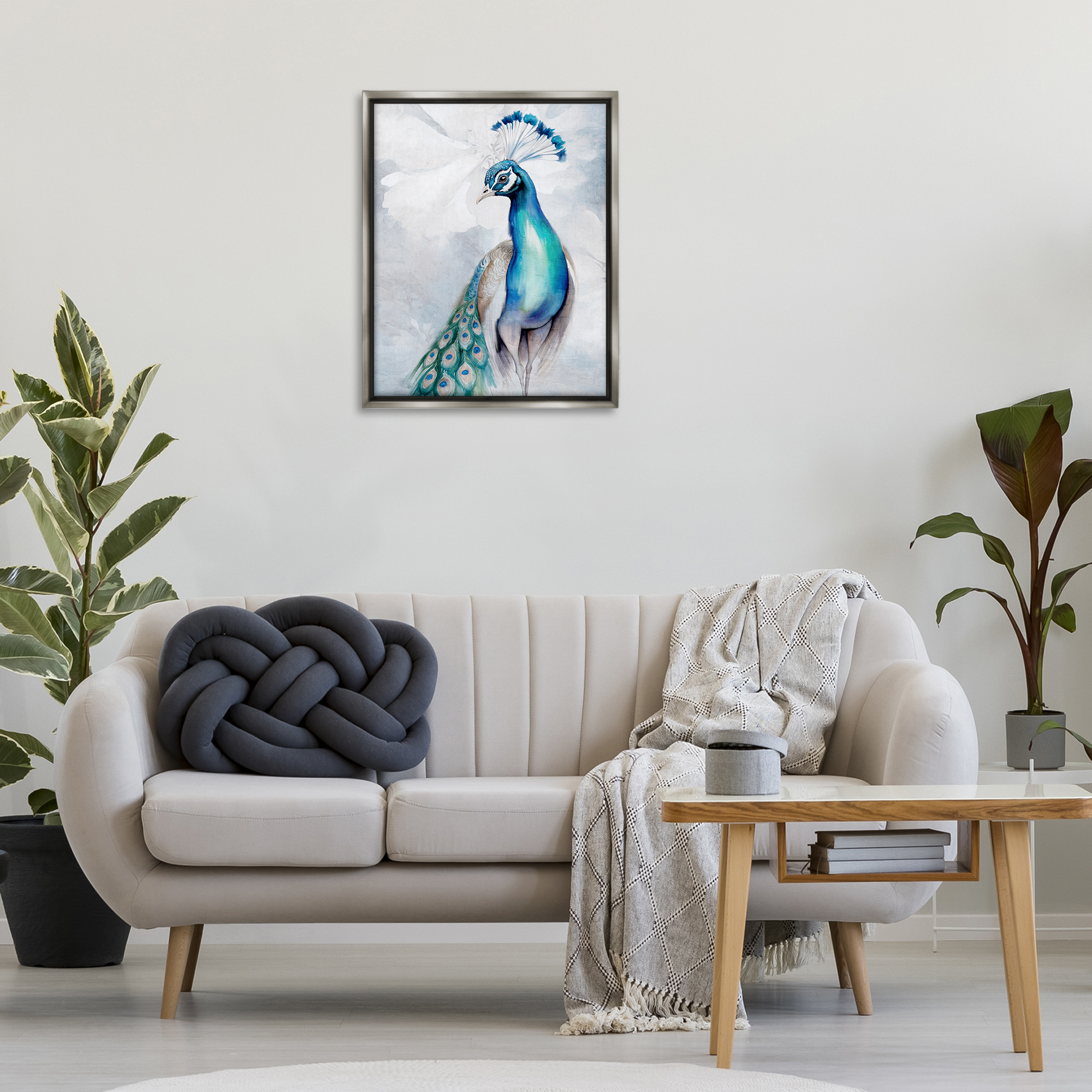 Stupell Industries Soft Elegant Peacock Portrait Animals Painting Gray Floater Framed Canvas Art Print Wall Art, 25 x 31