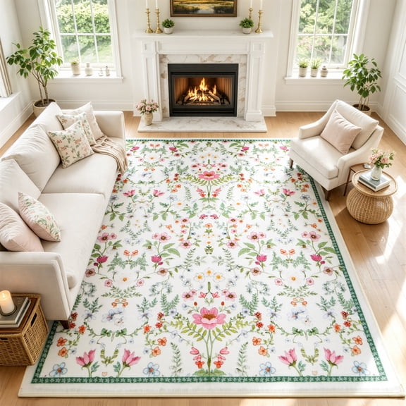 WANLISELL 6'x9' Area Rugs for Living Room, Green Floral Indoor Printed Carpet, Soft Washable Rug Low-Pile Large Boho Rug for Bedroom, Dinging Room, Office, Playroom, Home Decor