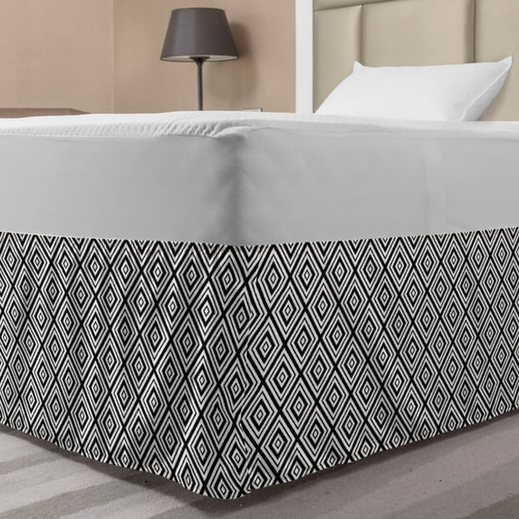 Black and White Bed Skirt, Abstract Rhombuses Tracery Diamond Shapes Composition in Orderly Fashion, Elastic Bedskirt Dust Ruffle Wrap Around for Bedding Decor, 4 Sizes, Black White, by Ambesonne