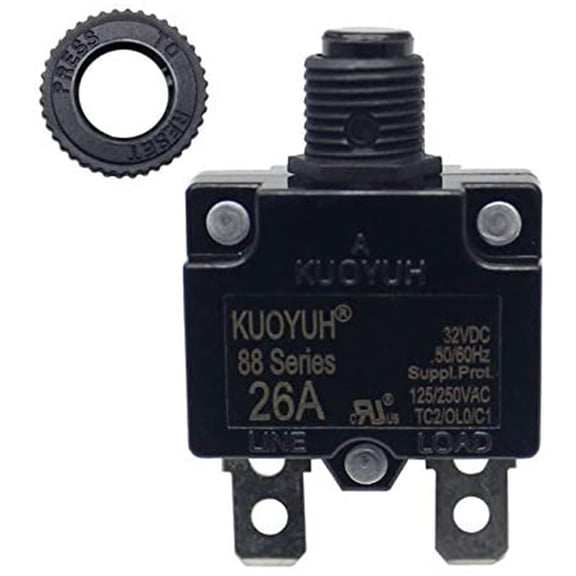 1pc KUOYUH 88 Series 125/250VAC 32VDC 50/60Hz Thermal Overload Circuit Breaker with Waterproof Dust Cap 3-30A (26A 1pc)