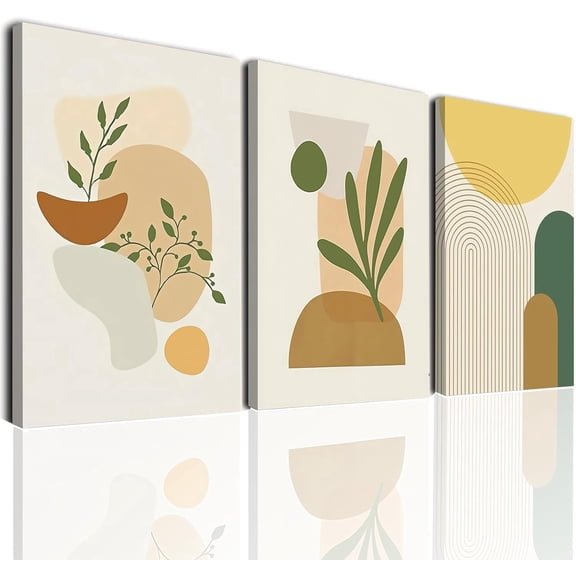 Minimalist Canvas Wall Art Framed Mid Century Modern Wall Art Living Room Plant Green Leaf Leaves Paintings Abstract Wall Art Bathroom,Bedroom,Office Decor 12" X 16"