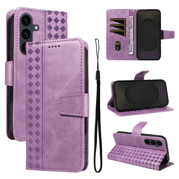 for Samsung Galaxy S25 FE Wallet Case, PU Leather Flip Cover with Kickstand,Magnetic Closure Wrist Strap 3 Card Slots & 1 Cash Pocket Shockproof Full Body Protection for Galaxy S25 FE,Purple