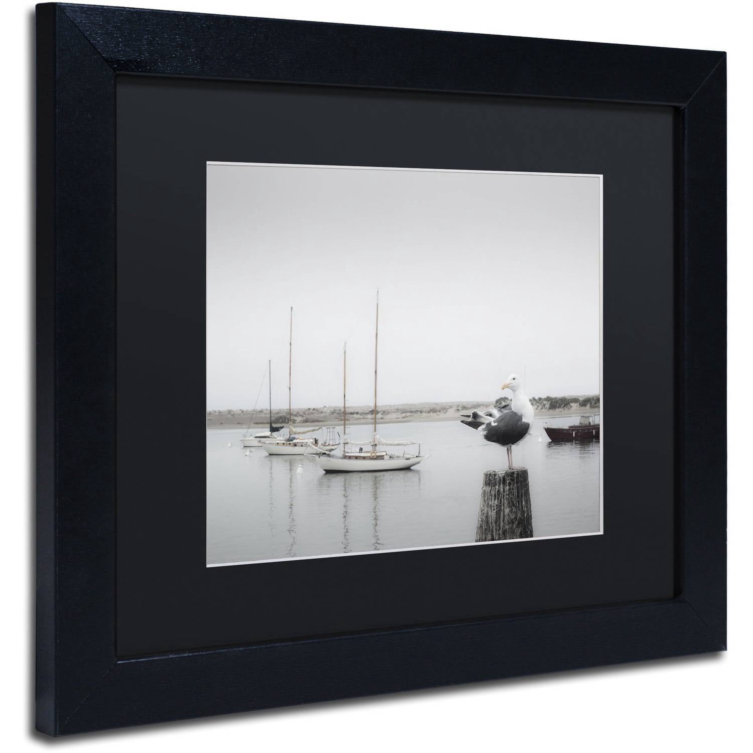 Trademark Fine Art "Four Boats and Seagull" Canvas Art by Moises Levy Black Matte, Black Frame