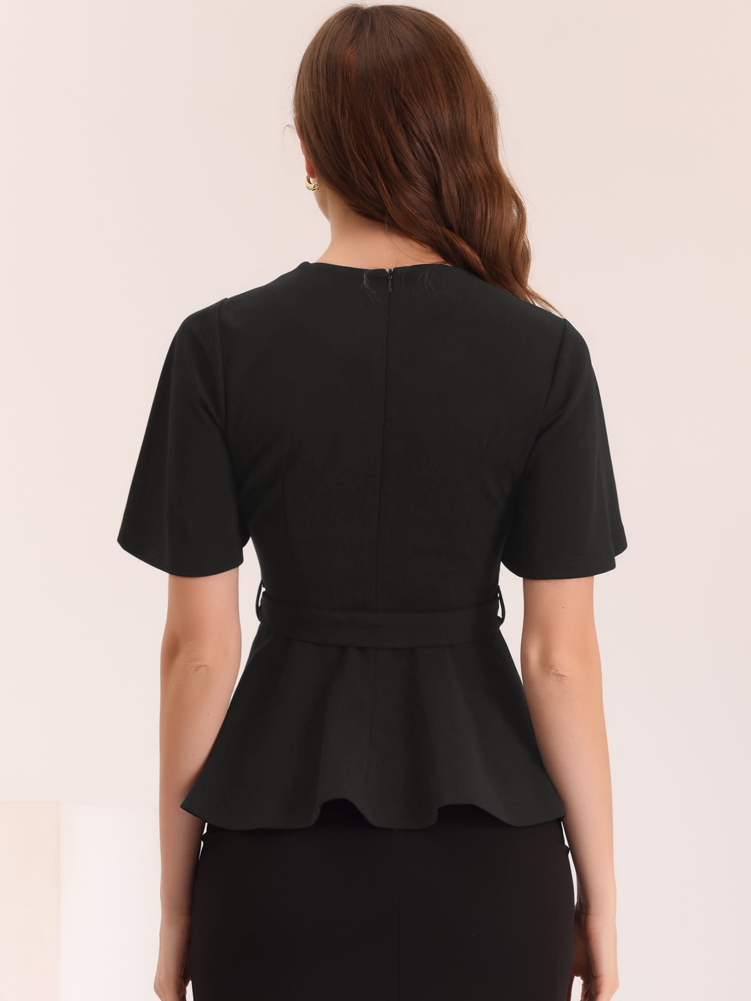 Unique Bargains Women's Peplum Round Neck Bell Sleeve Belted Waist Blouse M Black