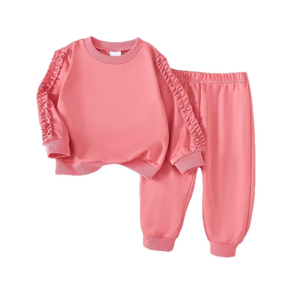 Fesfesfes Girls Two Piece Outfit Long Sleeve Top and Pants Set Casual Playwear Toddler Solid Color Pullover and Elastic Waist Joggers Soft Kids Homewear Matching Set(Watermelon Red,9-12 Months)