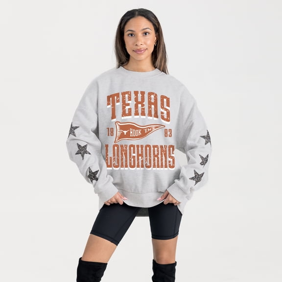 Women's Gameday Couture Ash Texas Longhorns Oversized Pennant Pride Rhinestone Star Sleeve Sweatshirt