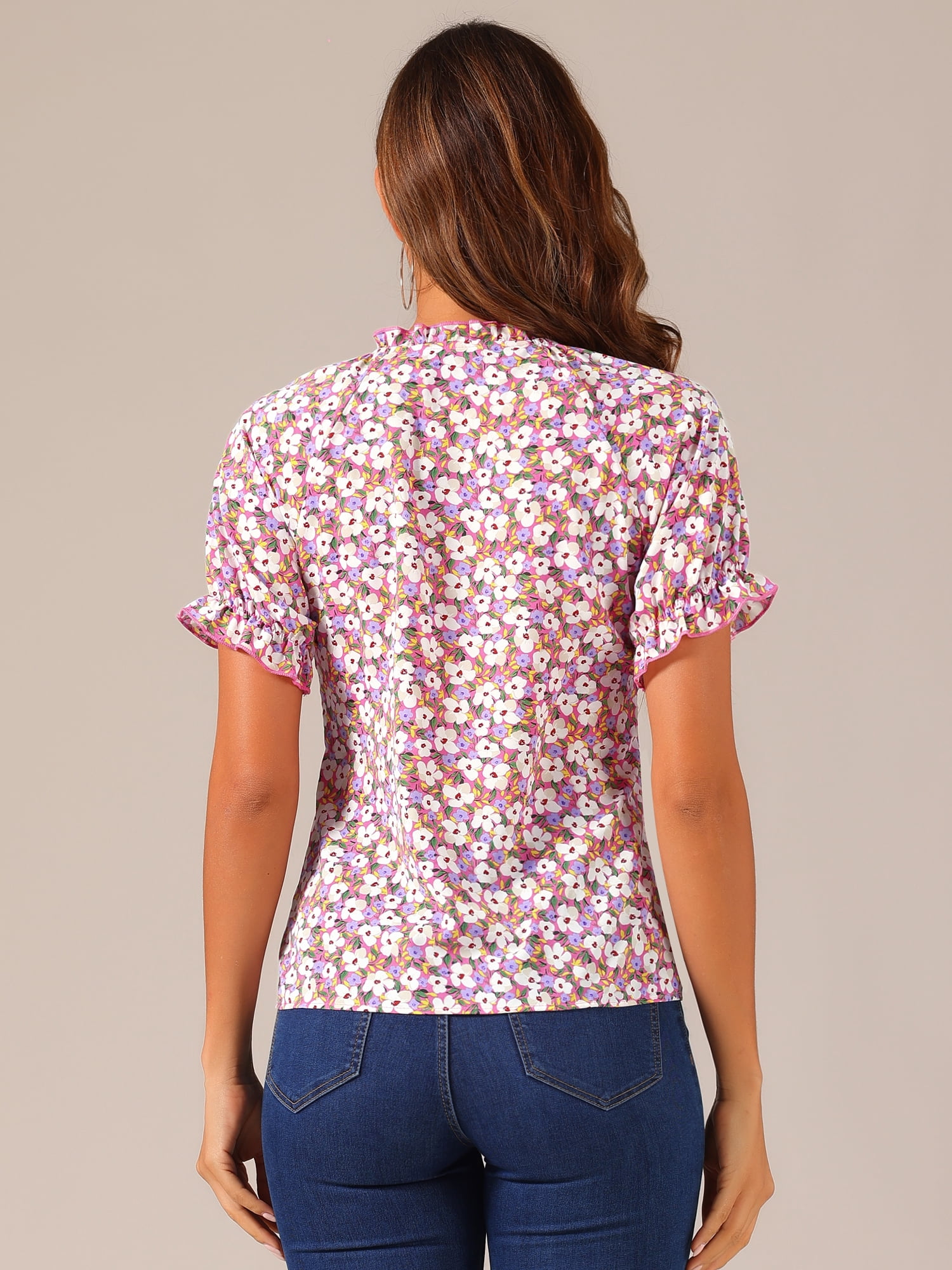 DARING DIVA Women's Floral Ruffled Neck Short Sleeves Top Blouse S Hot Pink