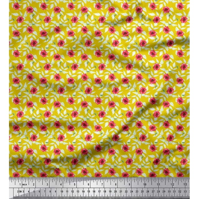 Soimoi Modal Satin Fabric Leaves & Poppy Floral Decor Fabric Printed Yard 42 Inch Wide