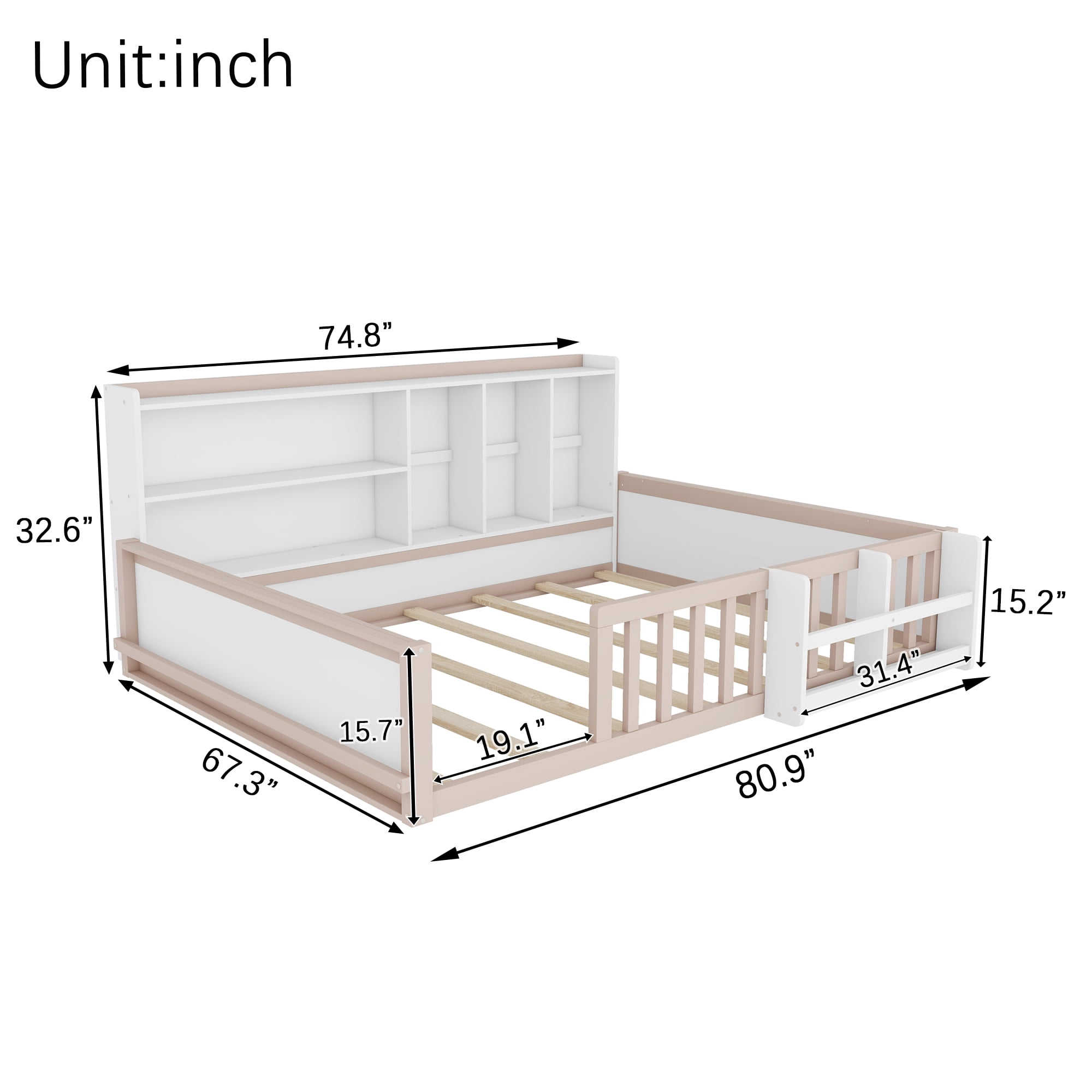 Mintazer Full Size Montessori Floor Bed with Bookshelf & Guardrails, Kids Platform Bed Frame with Storage Cubbies for Bedroom, White & Natural