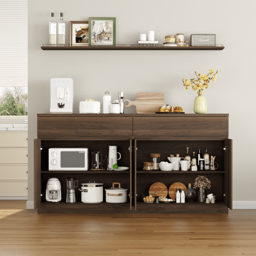 63.1" Sideboard Buffet Cabinet with Storage, 2 Drawers & 4 Doors, Large Kitchen Dining Room Credenza, Coffee Bar Table, Walnut