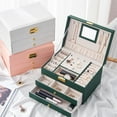 thumbnail image 1 of Caja de joyería de cuero con cerradura y espejo - Organizador de exhibición de 3 niveles para pendientes, pulseras, anillos y relojes, 1 of 9